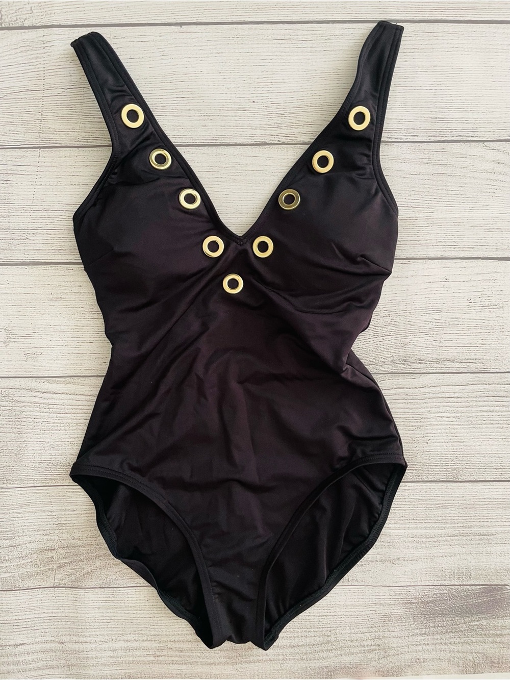 Michael Kors Black One-Piece Swimsuit with Gold Grommet Accents